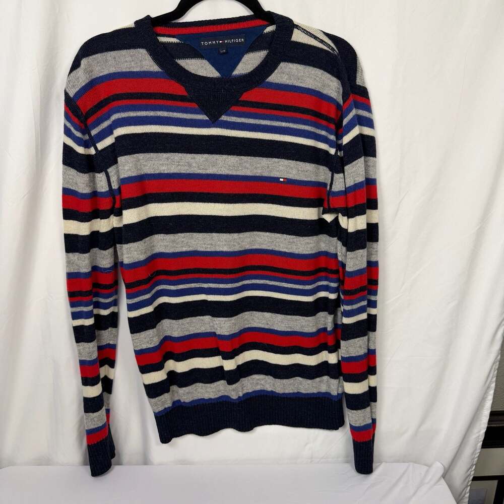 Tommy Hilfiger Men's Size Large Striped 100% Lambswool V-Neck Sweater